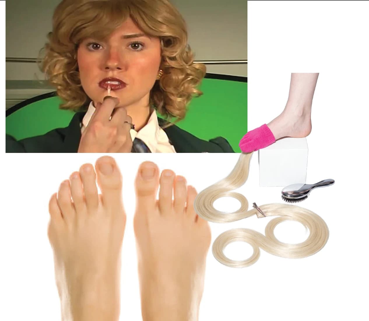 Lip gloss, feet, and a pink sock with long blonde hair collage
